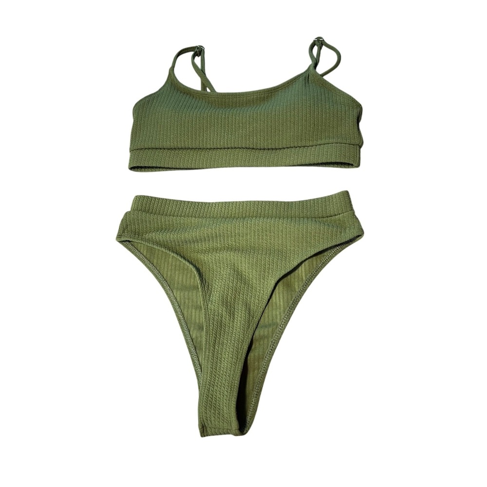 Sage Green‎ Ribbed High Cut Bikini Set Two Piece Swimsuit XS Adjustable Straps